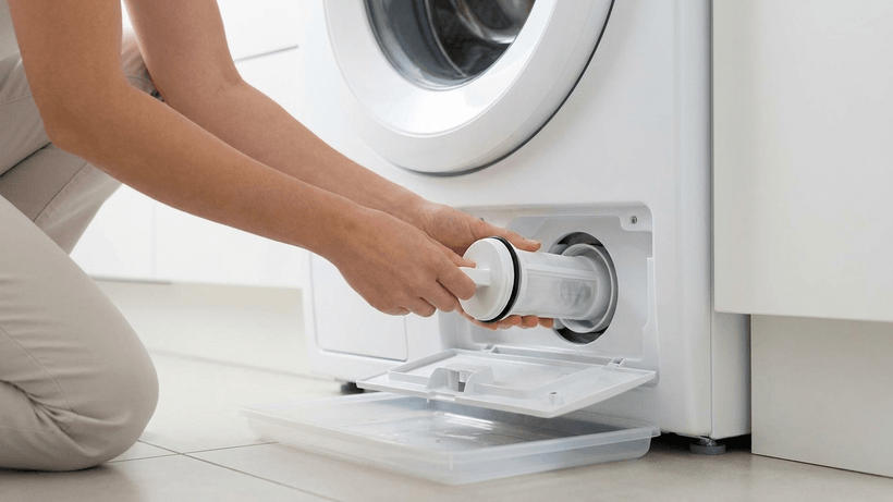 Flusensieb der Waschmaschine reinigen – Lage hinter der Klappe unten rechts
